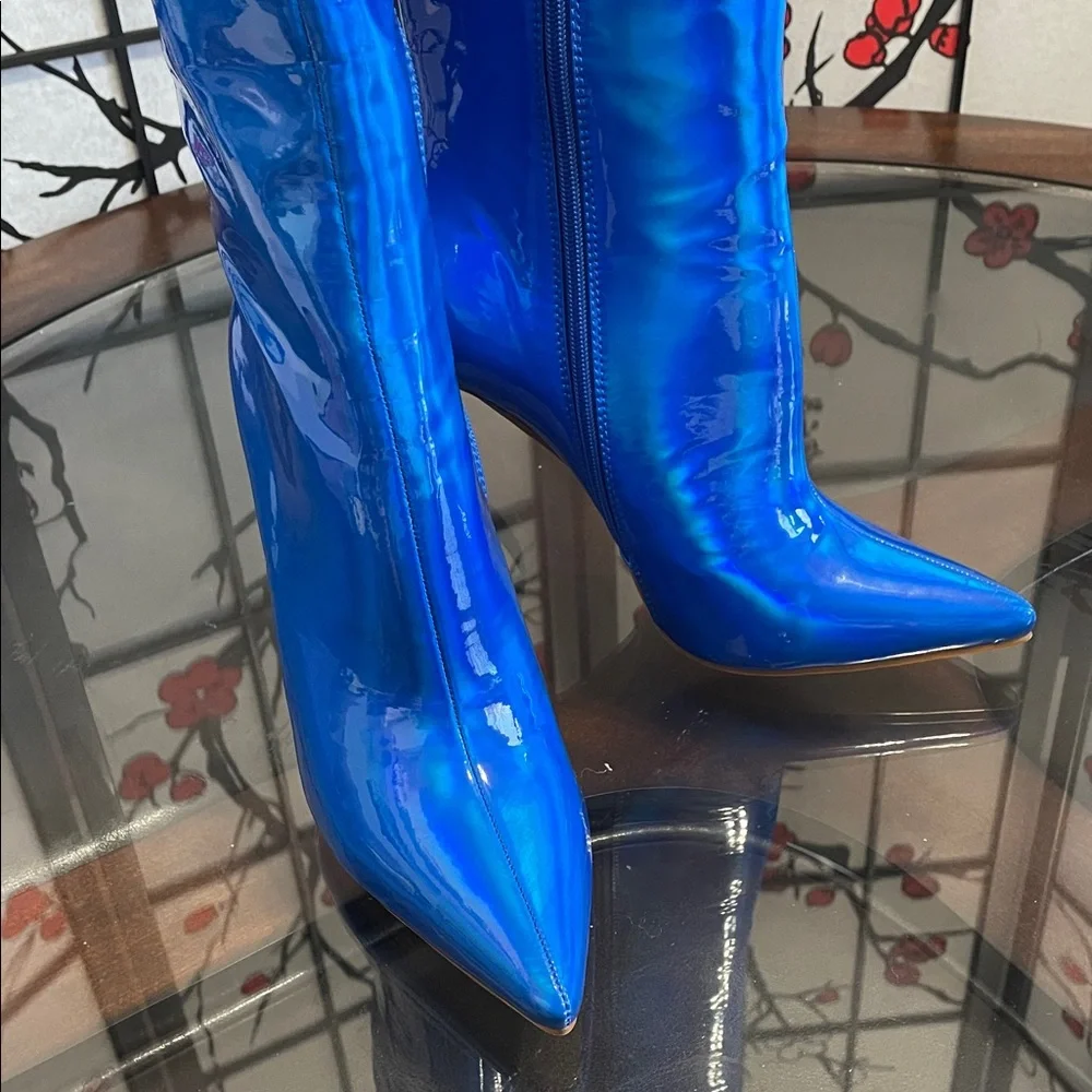 Nova Patent Knee-High Stiletto Boots in Vibrant Blue with 4.5” heels